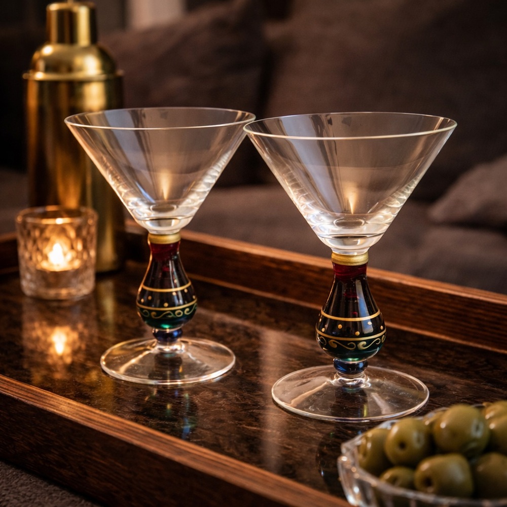 Hand Painted Martini Glasses Set of 2 Jewel Tone Stem Cocktail Glasses Barware